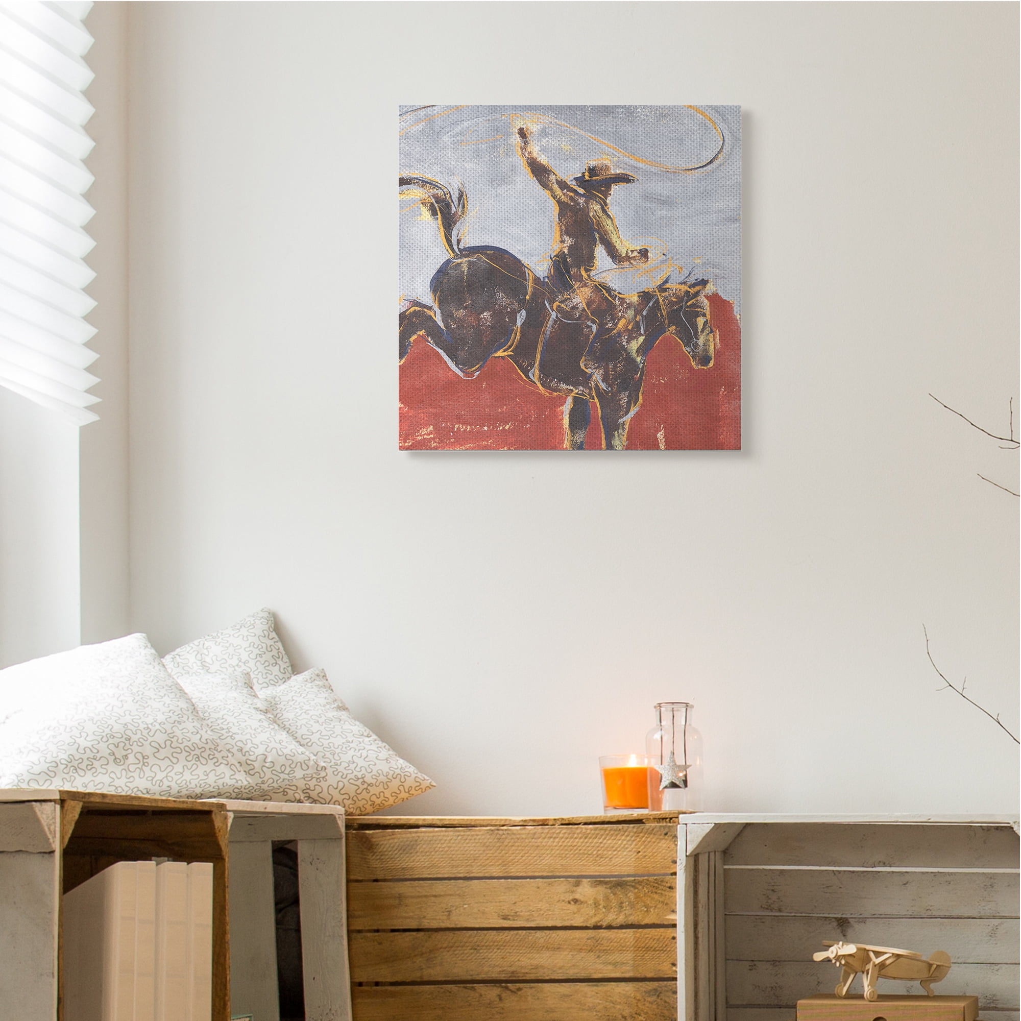 Stupell Industries Rustic Western Cowboy Wild Horse Lasso Animals & Insects Painting Gallery Wrapped Canvas Art Print Wall Art, 24 x 24