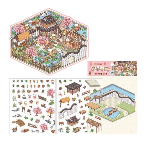 Chinese Style Landscape Sticker 3D Scene Sticker Retro Courtyard Scrapbook Sticker Aesthetic Sticker Scrapbook Supplies