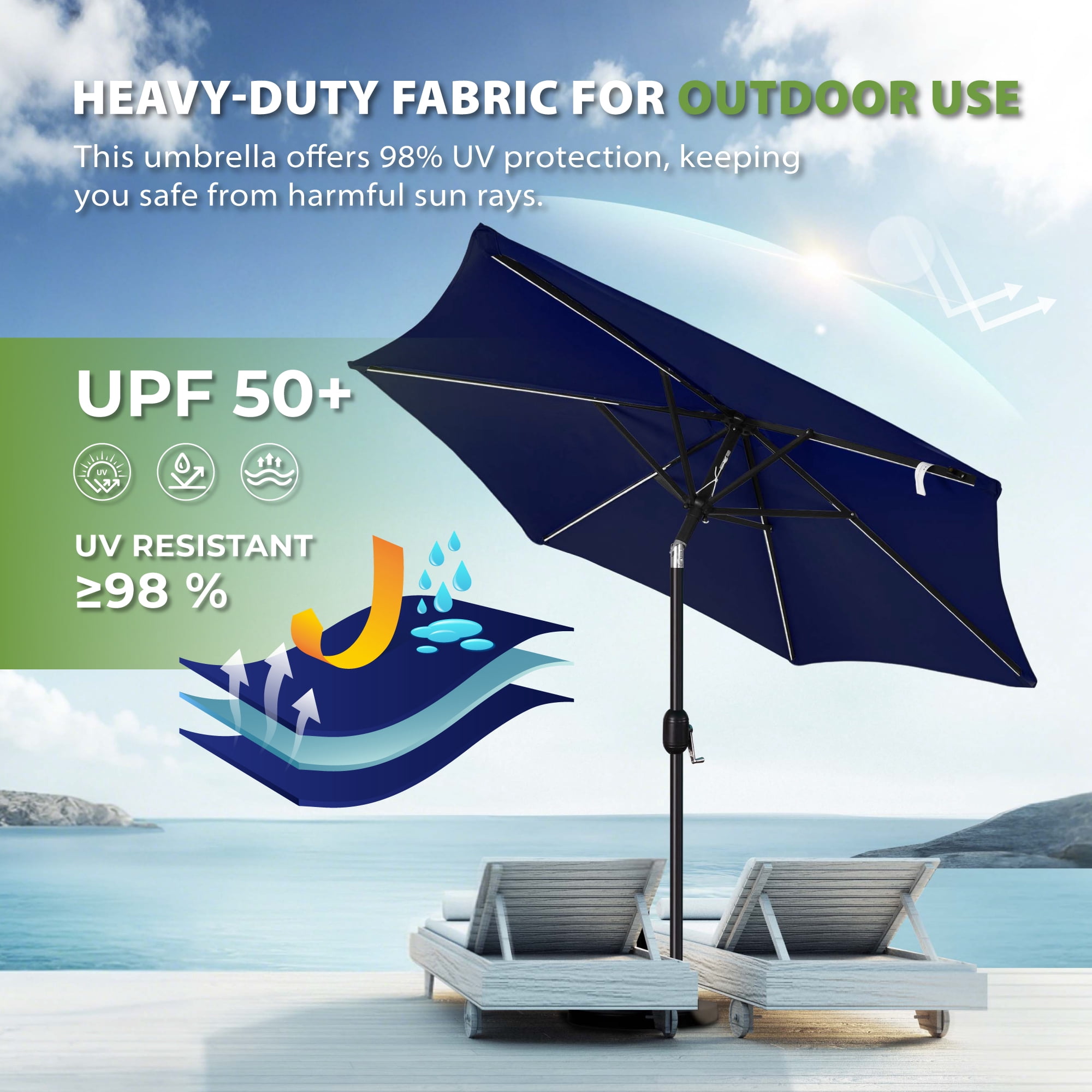Scafild | 7.5FT Meteor Shower Lights Patio Umbrella, Outdoor Table Umbrella with 108 LED Solar Lights, Push Button Tilt and Crank, Market Umbrella for Garden, Deck, Backyard, Pool - Navy