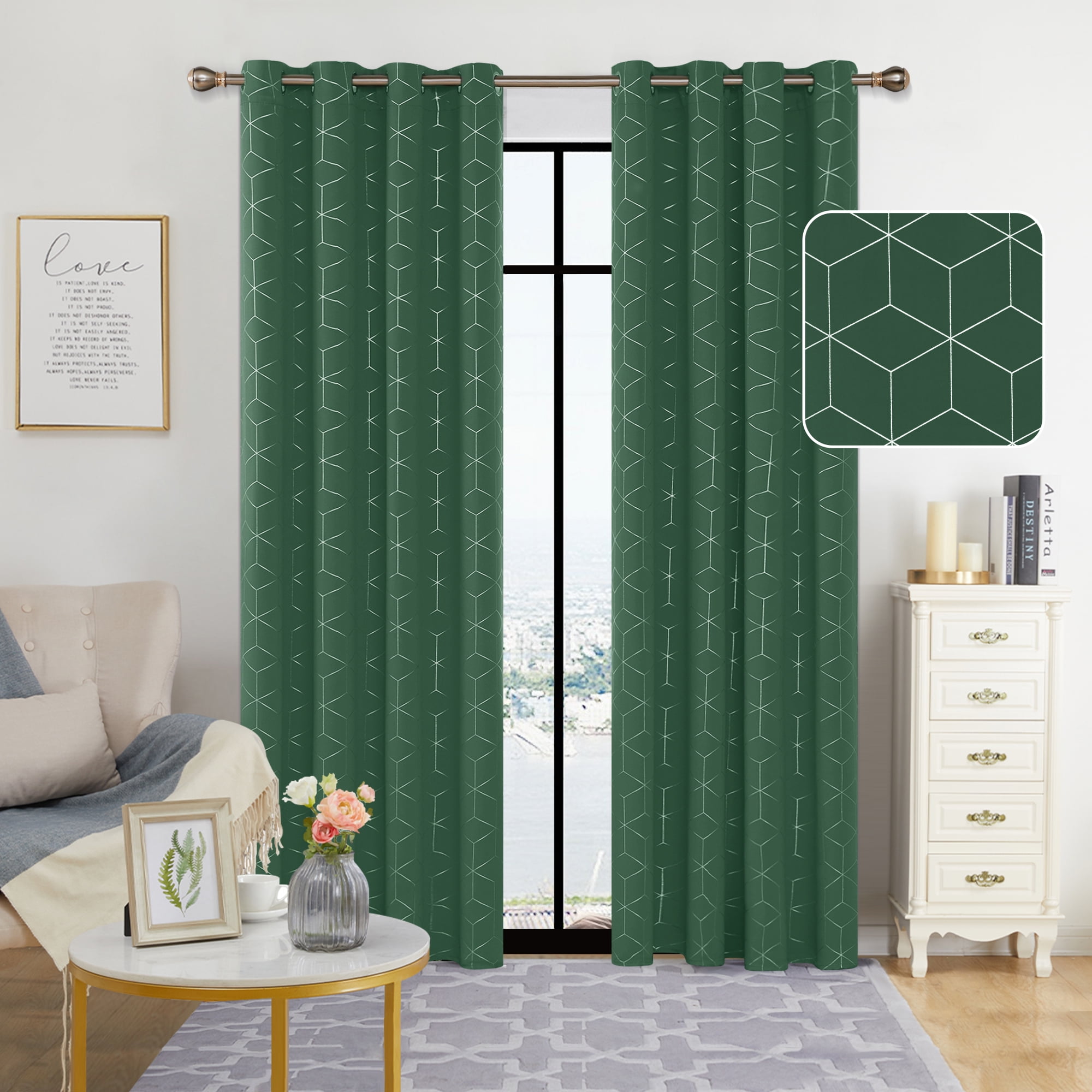 Deconovo Blackout Curtains for Short Window, Silver Diamond Foil Print, Dark Forest 52x45" 2