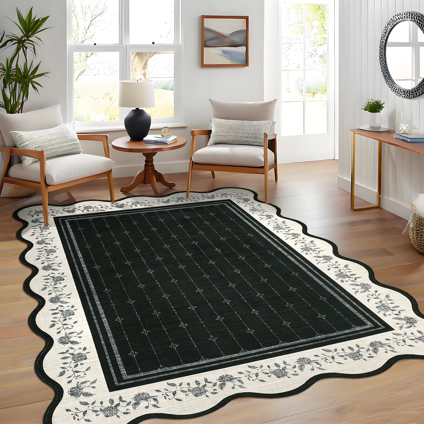 Garvee 8'x10' Scalloped Area Rug Modern Floral Bordered Carpet, Machine Washable Rug with Non Slip Backing Soft Foldable Mat for Living Room Bedroom Dining Room, Black