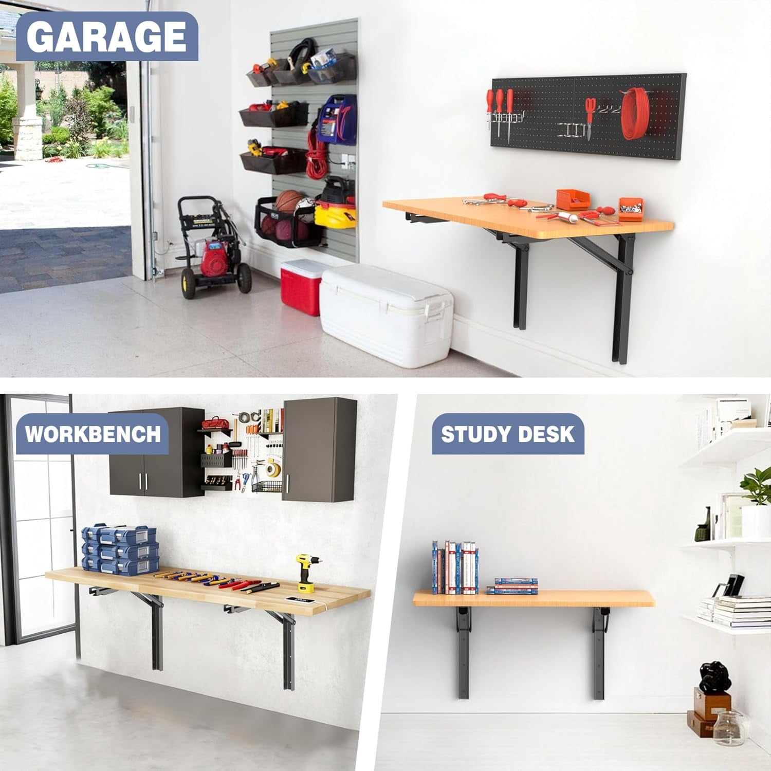 Heavy Duty 18" Folding Shelf Brackets, Wall-Mounted Collapsible Brackets for Workbench/Table, 550 lbs Capacity, Space-Saving Hinges for Garage, Kitchen, Laundry(No Board)