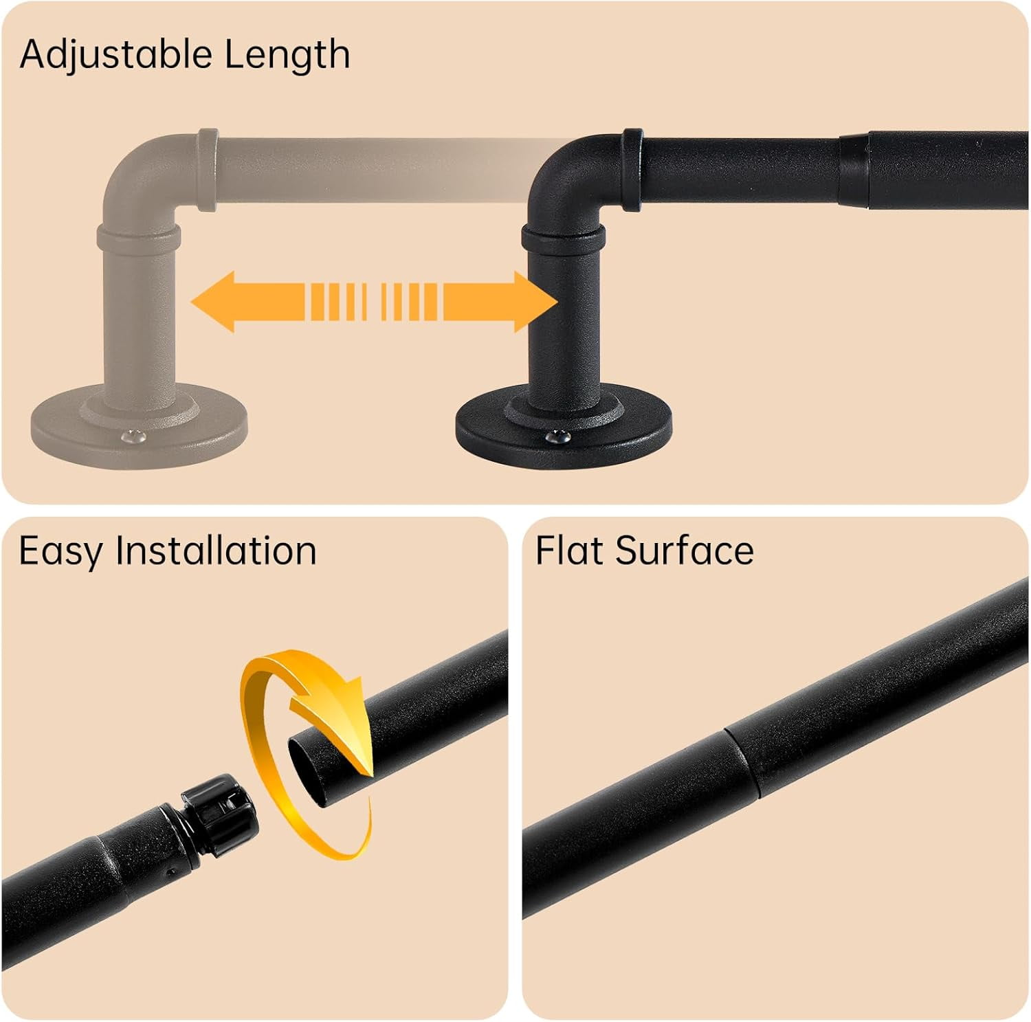 UniVerse 2 Pack Industrial Curtain Rods for Windows 48 to 84 Inches, Blackout Wrap Around Curtain Rod, for Indoor and Outdoor, 5/8 Inch Diameter, 35 to 75 Inches, Black