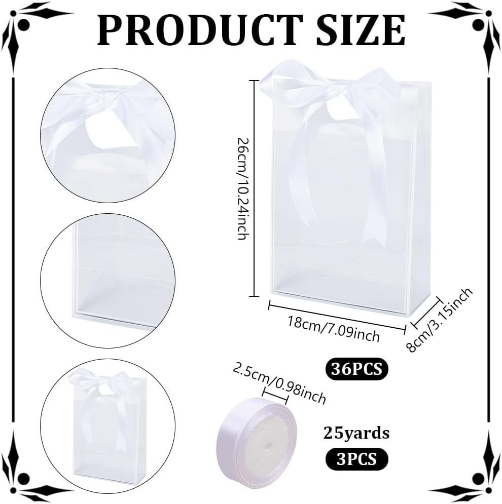 36 Pack Clear Plastic Gift Bags with Handles Reusable Transparent Bags Bulk with 75 Yards Ribbon for Wedding Bridesmaid Bridal Shower Birthday Graduation Business Party 7x10x3 inch (Black)