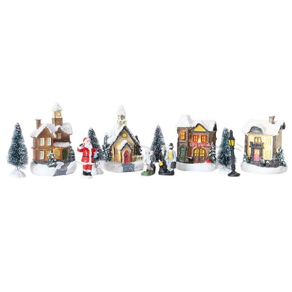 White Farmhouse Ceramic Christmas Village Set with LED Lights, Festive Holiday Decor for Home and Office, Winter Display Ornaments