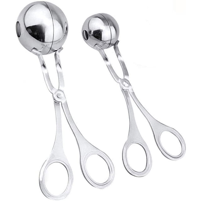Pinzas para hacer bolas de 1,38" y 1,78" para albóndigas, cake pops, melón, galletas y bolas de arroz, juego de pinzas de cocina de acero inoxidable para albóndigas y postres, 2 tamaños