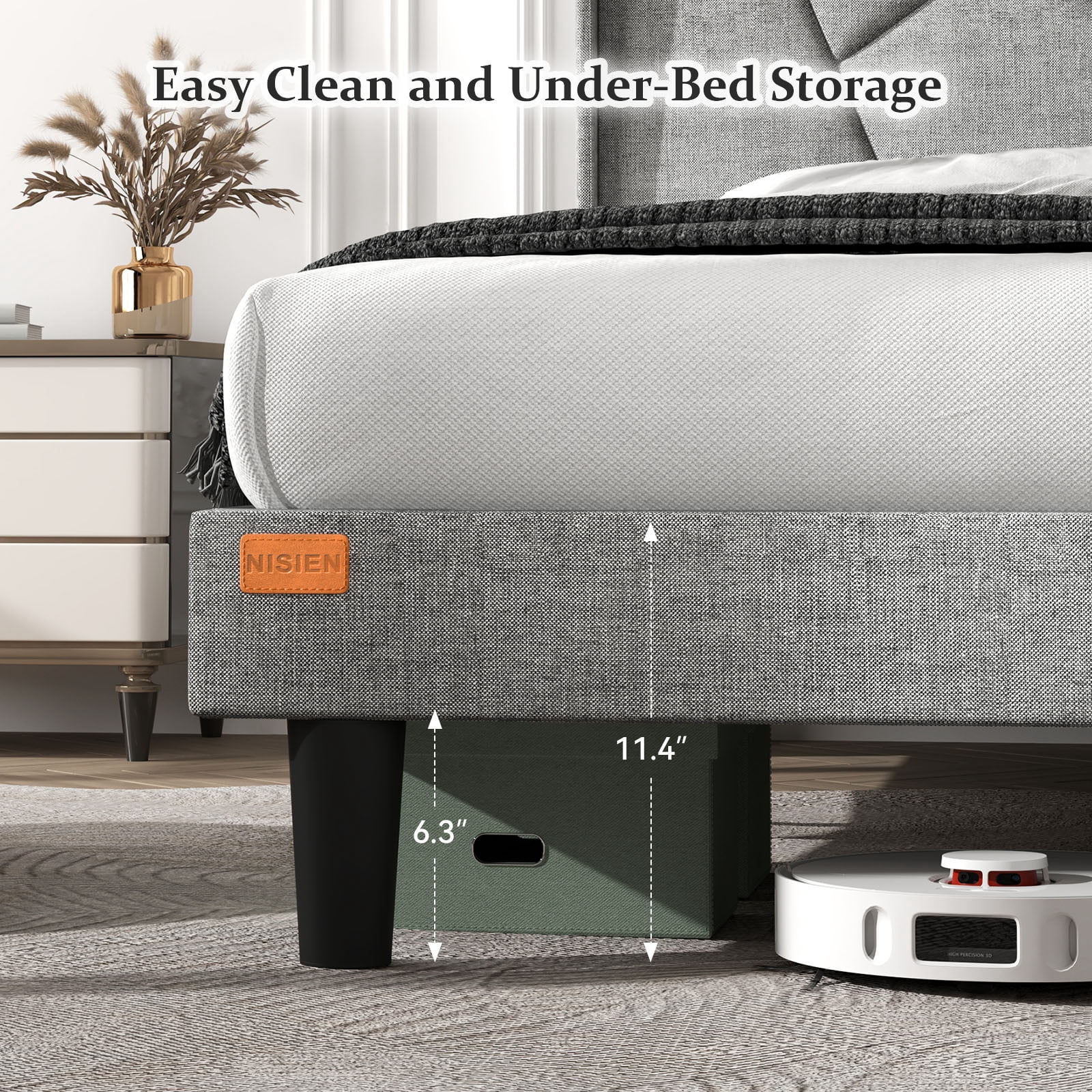 NISIEN Full Size Bed Frame with Charging Station, Upholstered Platform Bed with Wingback Storage Headboard, Light Gray