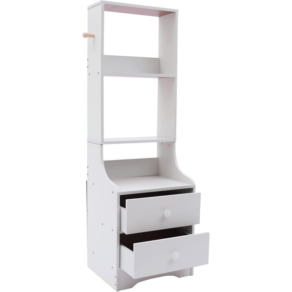 White Nightstand with 2 Drawers & 3 Shelves, Vanity Desk,Side Table,Tall Bedside Table with Storage Shelf & Hooks, for Living Room/Bedroom