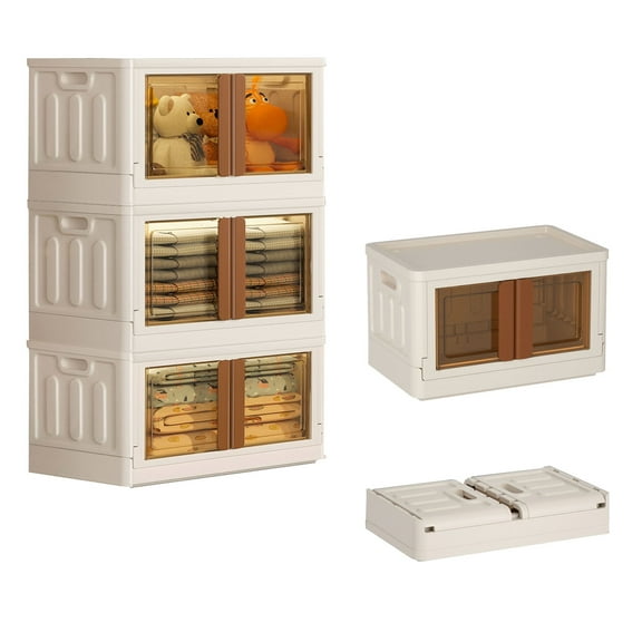 3 Pack 8.4 Gallon Collapsible Storage Boxes, Lidded Storage Box with Door and Wheels