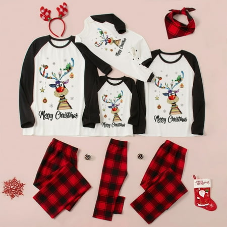 

Christmas Pajamas purcolt Family Holiday Jammies Sleepwear Loungewear Outfits 2pcs Cute Elk Print Long Sleeve Tee+Classic Plaid Pants Pjs Suits Matching Family Christmas Pajamas Sets