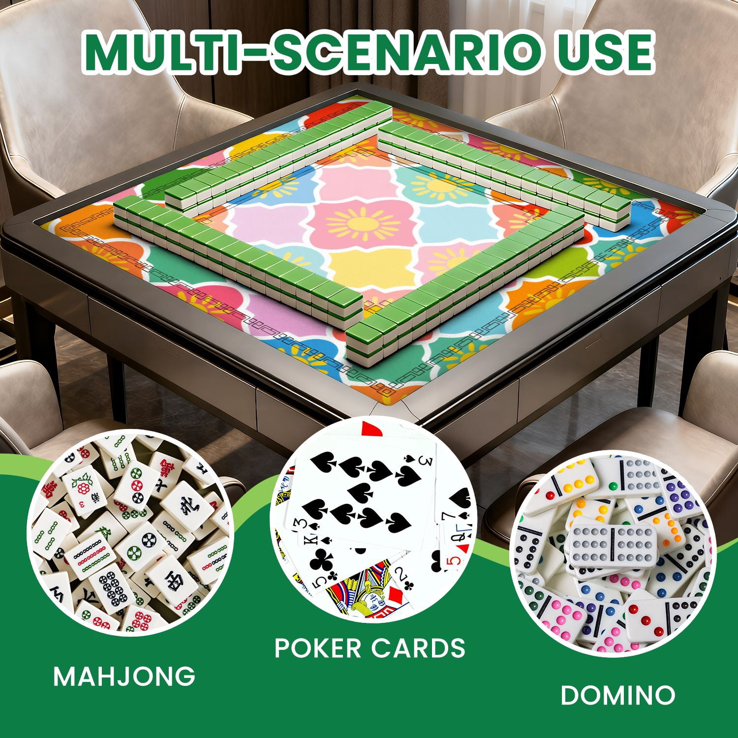 Mahjong Mat 31.5" x 31.5" Colorful Geometric Floral Sun Motifs Vibrant Palette Non-Slip Noise Reduction American Mahjong Tiles Table Cover for Dominoes Poker Card Board Games Gift