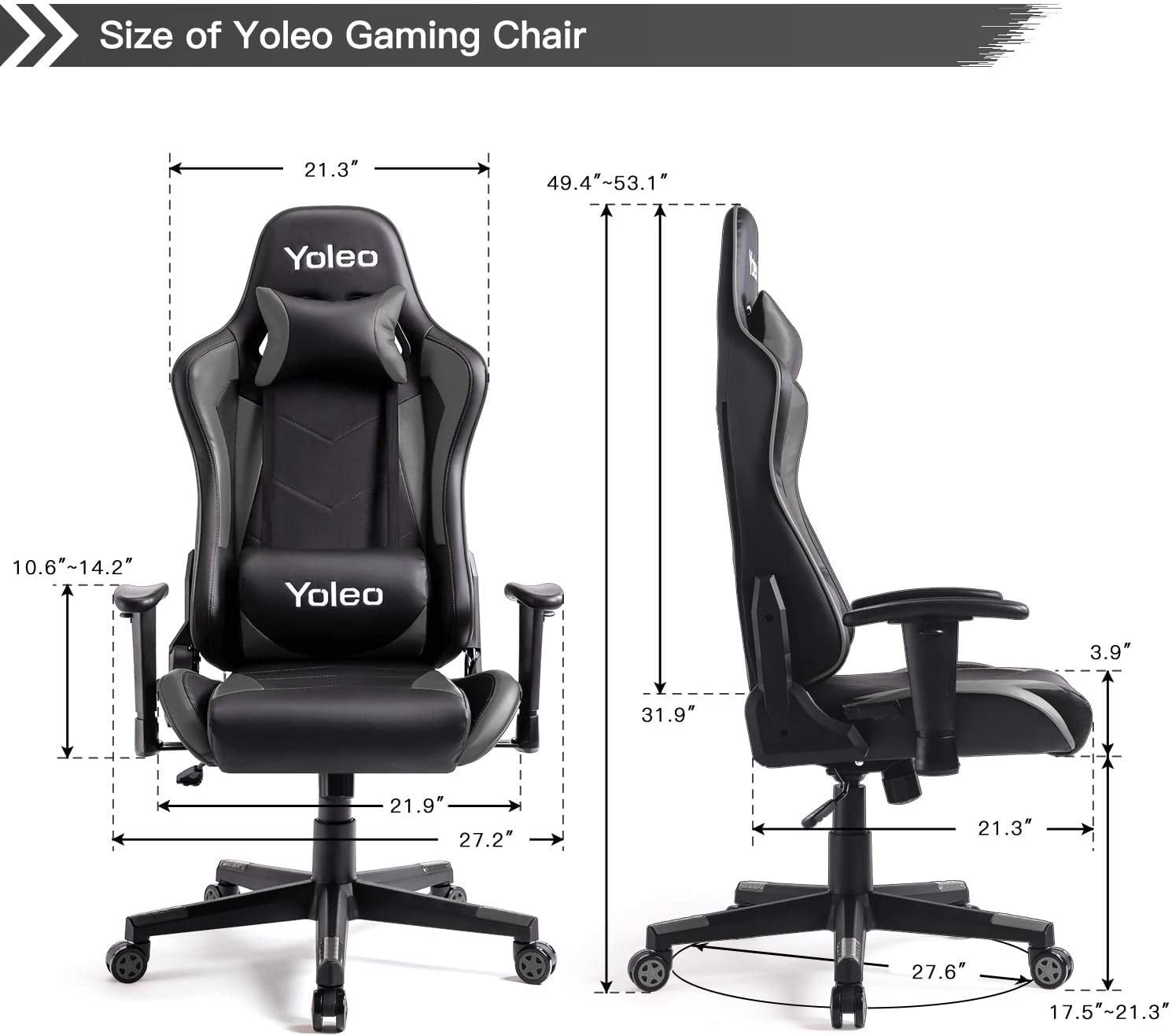 Yoleo Ergonomic Office Gamer Chair High Back Computer Gaming Chair Backrest & Seat Height Adjustment Black/Grey Executive Racing Swivel Desk Chair with Lumbar Support & Headrest Gaming Chair 