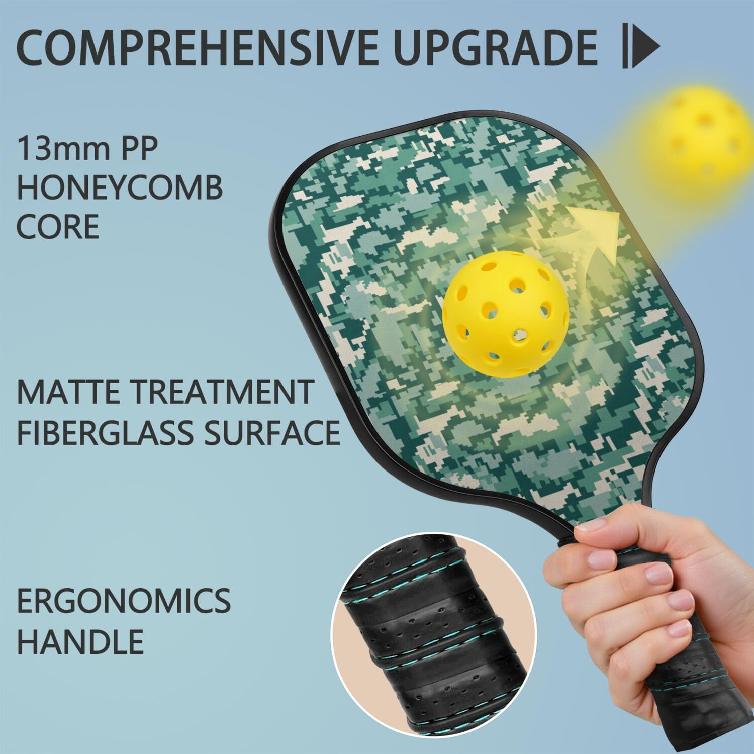Pickleball Paddles Set Of 1, Fiberglass Surface, Camouflage Print, 1 Paddle, 2 Balls & Bag