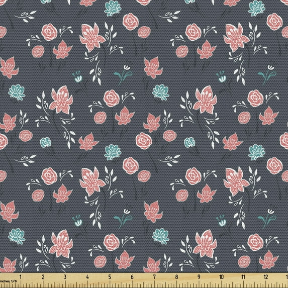 Flowers Upholstery Fabric by the Yard, Romantic Buds Bouquets and Lilly Branches Gardening Pastel Motif Pattern, Decorative Fabric for DIY and Home Accents, Coral Grey Turquoise by Ambesonne