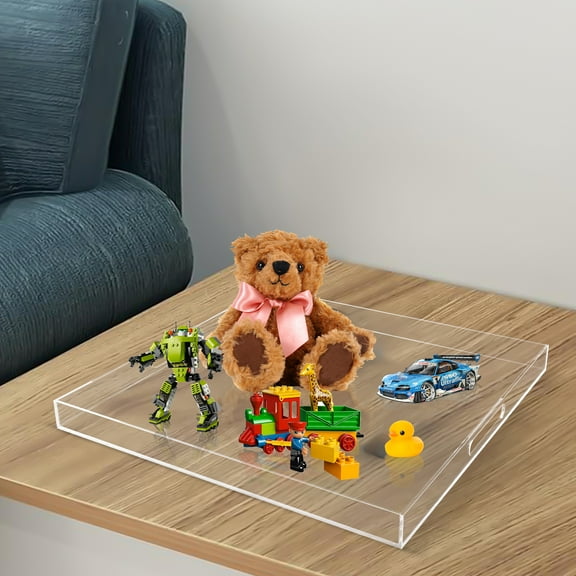 Clear Extra Large Acrylic Serving Tray with Handles, Oversize 23.92x23.92 Inch, Square Plastic Serving Tray Food Decorative Trays, Countertop Organizer for Ottoman,  Butler (Clear)