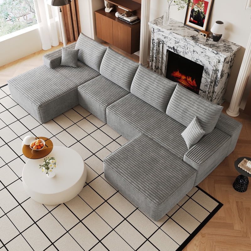 135" Cloud Sectional Sofa with Ottoman, U-Shaped Modular Sofa Couch with Chaise, Modern Minimalist Deep Seat Upholstered Sectional for Living Room, Plush Corduroy Fabric Corner Sofa