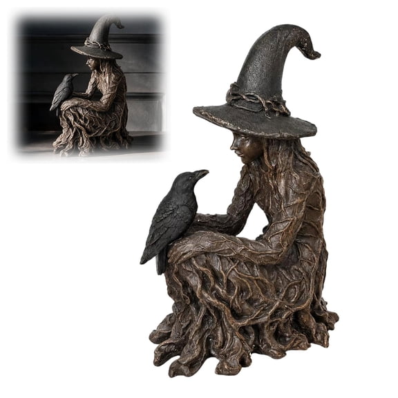 Witch Figurine Statue with Raven, Gothic Resin Decor, Dark Academia Halloween Decor