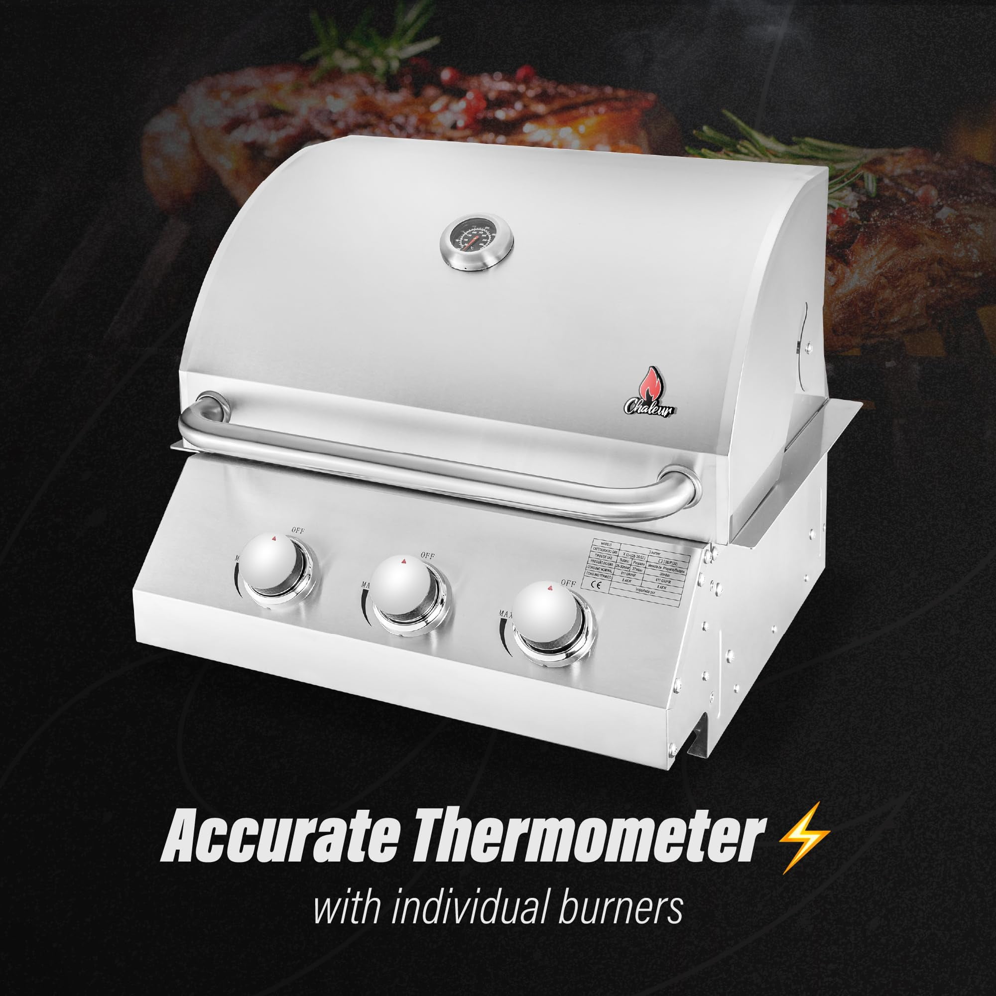 Chaleur Grill Outdoor 23 in 3-Burner Built-in Natural Gas Grill, 30000 BTU, Stainless Steel
