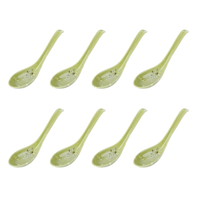 EeaseCA 8pcs Imitation Ceramic Long Handle Spoons Hook Style Soup Spoon Tableware Anti-slip Porridge Spoon Kitchen Utensil for Home Kitchen (Green)
