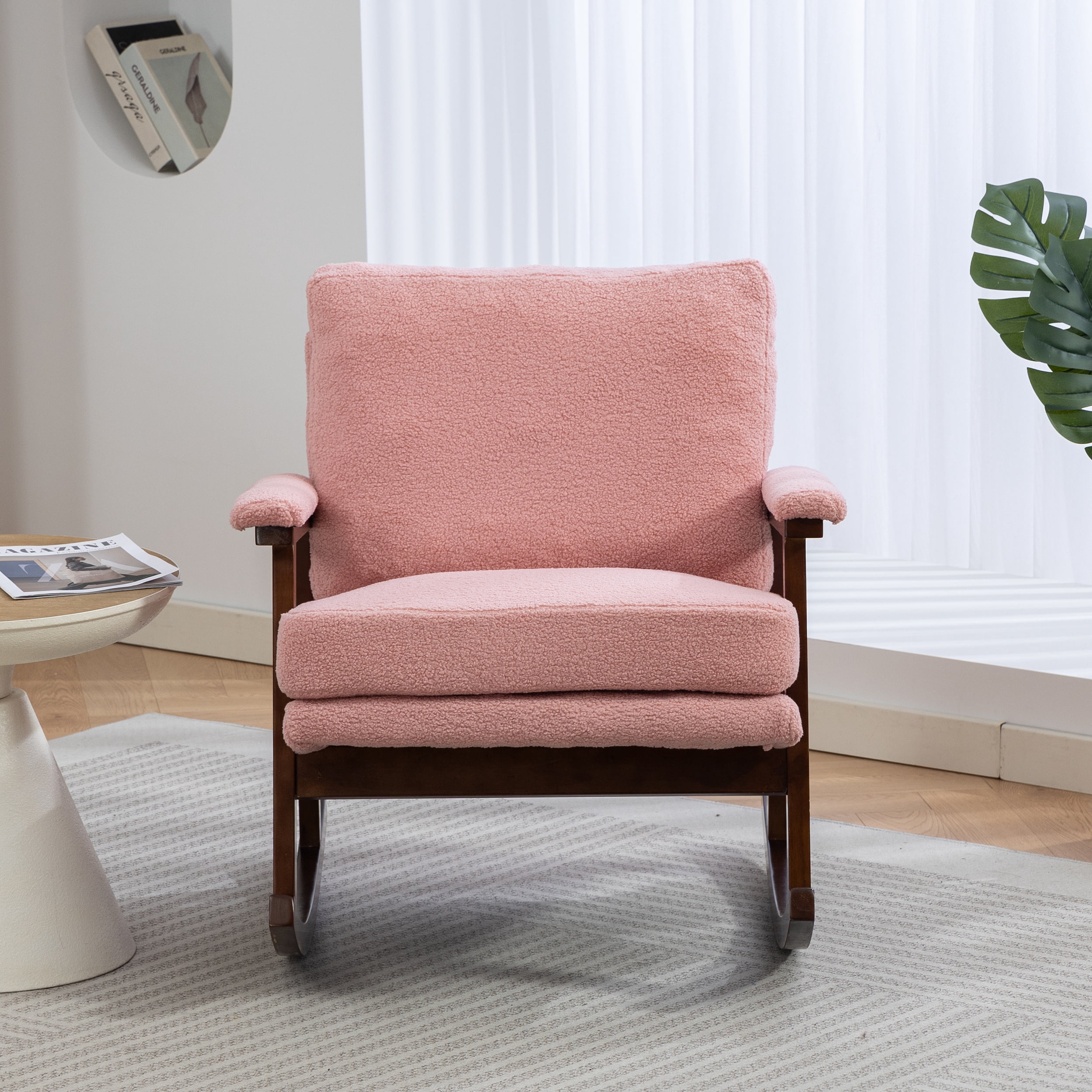 Paproos Rocking Chair, Paproos Velvet Upholstered Rocker Chair, Glider Rocker Accent Chair with Cushion, Rocking Chair for Nursery, Armchair Reading Chair for Living Room Bedroom, Pink