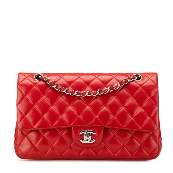 Pre-Owned CHANEL Coco Mark Matelasse 25 Double Flap Chain Shoulder Bag in Red Lambskin for Women