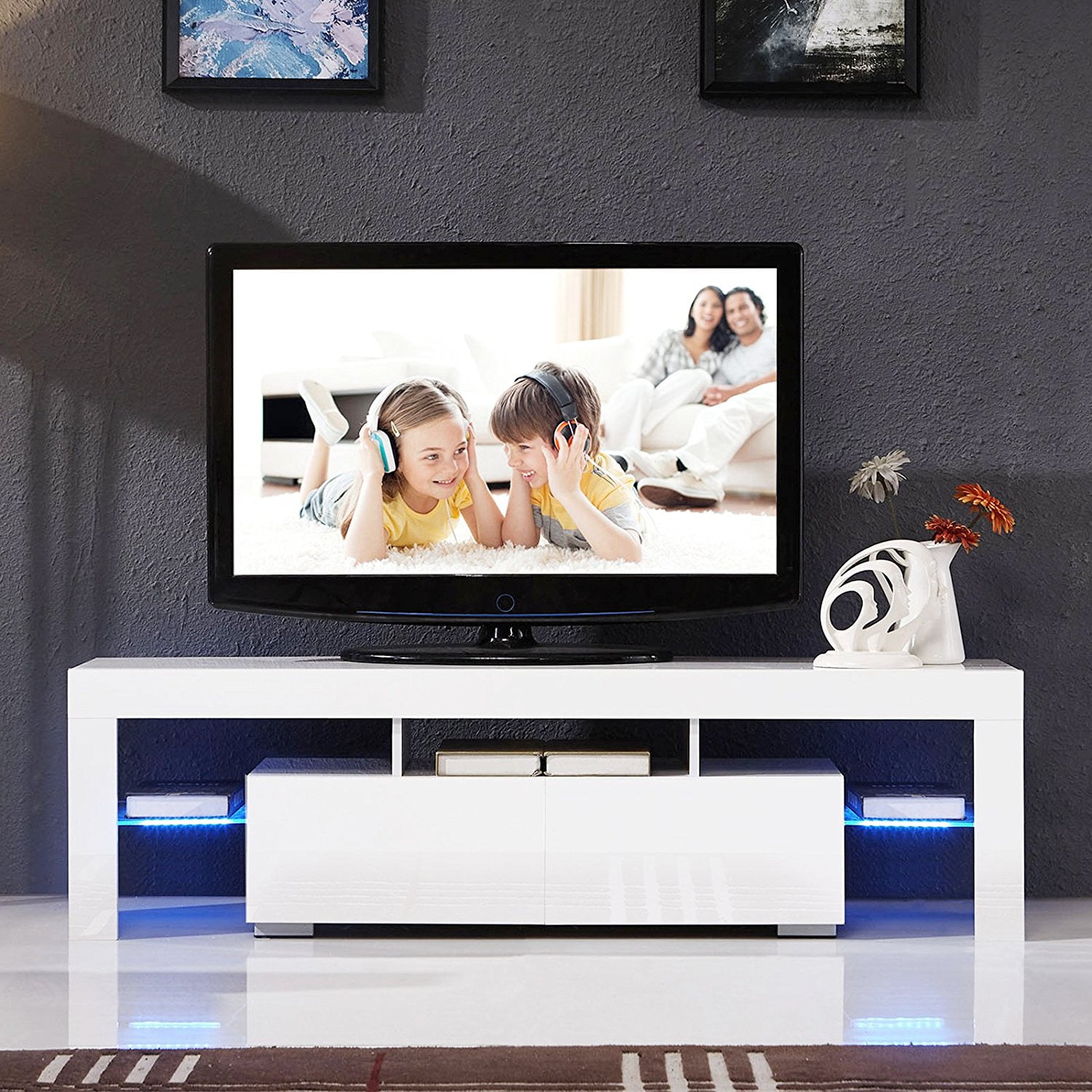 63'' High Gloss LED Light TV Stand Unit Console Cabinet With 2 Shelves Drawers 