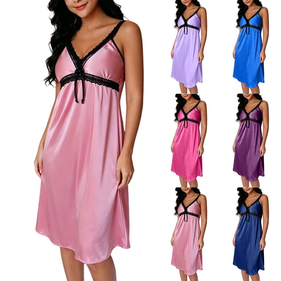 Daiosportswear Women's Summer Satin Lace-Trim V-Neck Spaghetti Strap Nightgown Wine Free Size