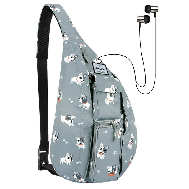 HAWEE Sling Backpack Hiking Backpack Chest Sling Bag Sports Travel Crossbody Daypack for Women, Grey + White Dog