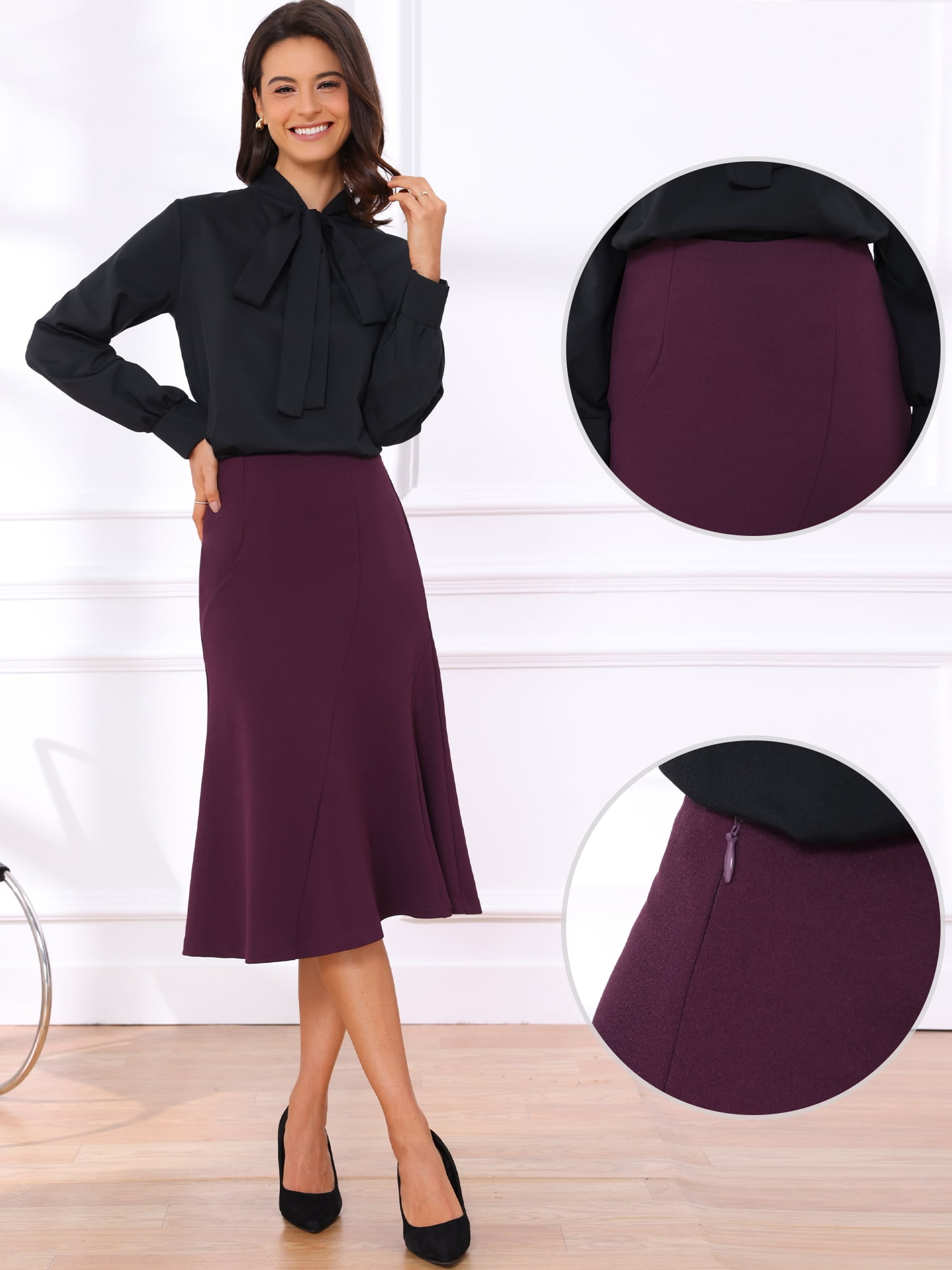 DARING DIVA Women's High Waisted Business Fishtail Midi Skirt S Dark Purple