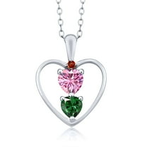 Gem Stone King 925 Sterling Silver Pink Moissanite Green Nano Emerald and Red Garnet Pendant Necklace for Women (0.91 Cttw, Gemstone Birthstone, Heart 5MM and 4MM, with 18 inch Silver Chain)