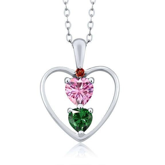 Gem Stone King 925 Sterling Silver Pink Moissanite Green Nano Emerald and Red Garnet Pendant Necklace for Women (0.91 Cttw, Gemstone Birthstone, Heart 5MM and 4MM, with 18 inch Silver Chain)