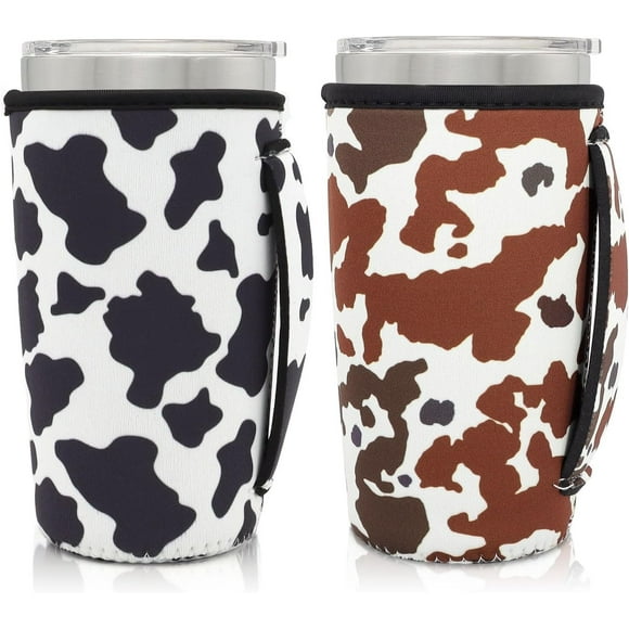 SHILIU-Neoprene Insulated Sleeves Cup Holder with Handle for 20oz Tumbler Cups, Reusable Iced Coffee Sleeve Compatible with Starbucks Trenta, Dunkin Large, more(Cow Print(2 Pack))