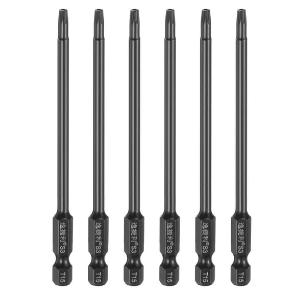 Uxcell 6pcs T15 Torx Screwdriver Bit 1/4" Hex Shank 100mm/4" Length S3 Steel Magnetic Tamper Proof Star 6 Point Head Hex Screw Driver Bits, Black