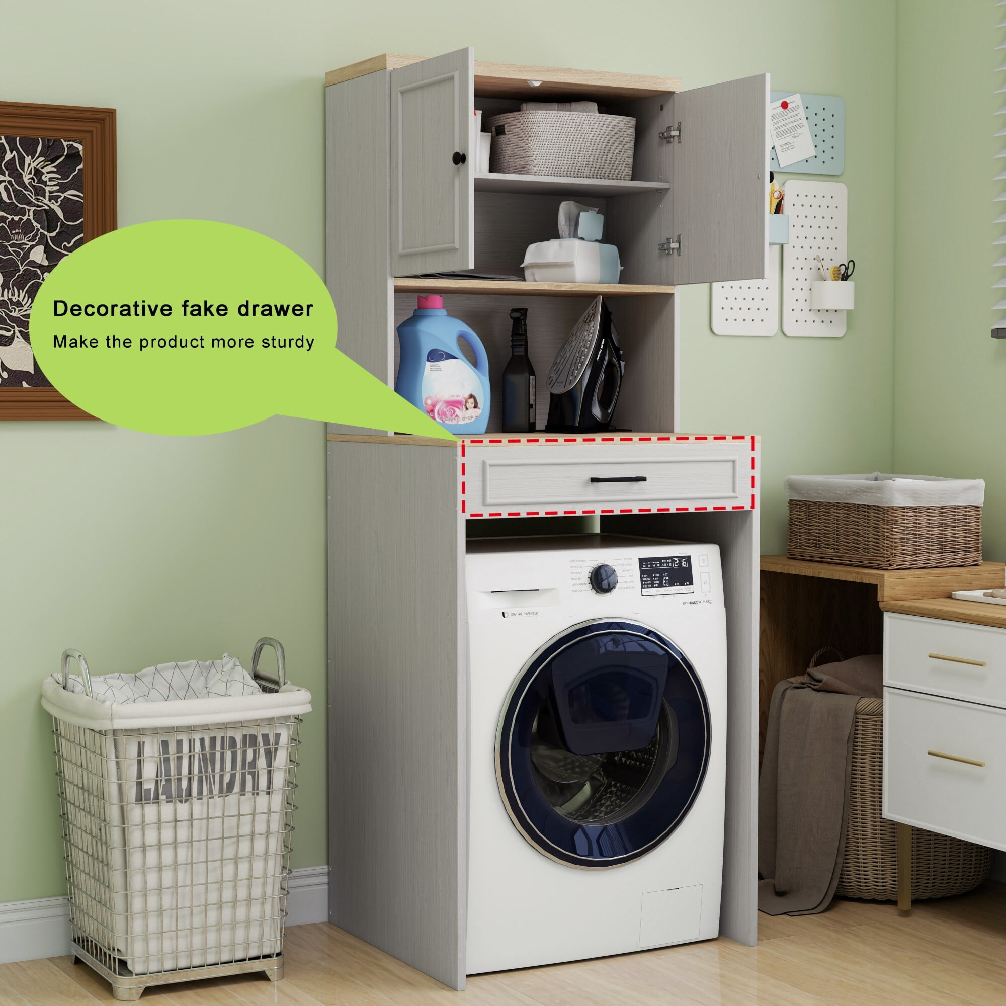 AENKYO Over-The-Washer Cabinet, Laundry Storage with Adjustable Shelf, Organizer for Compact Washers, Antique White