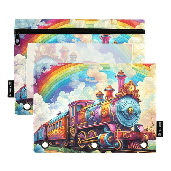 2 Pack Pencil Pouch for 3 Ring Binder Zipper Pencil Case Train and Rainbow Clear Window Pencil Bag Organizers