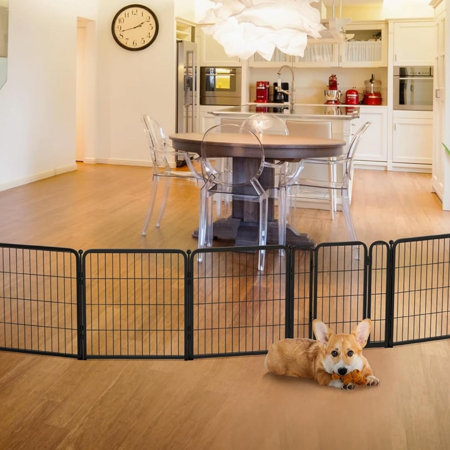 Dog Gate Extra Wide Designed for Indoor Use, Adjustable Width Up to 183-inch Wide (24" H 8 Wire Panels for Puppies and Small Dogs), Black