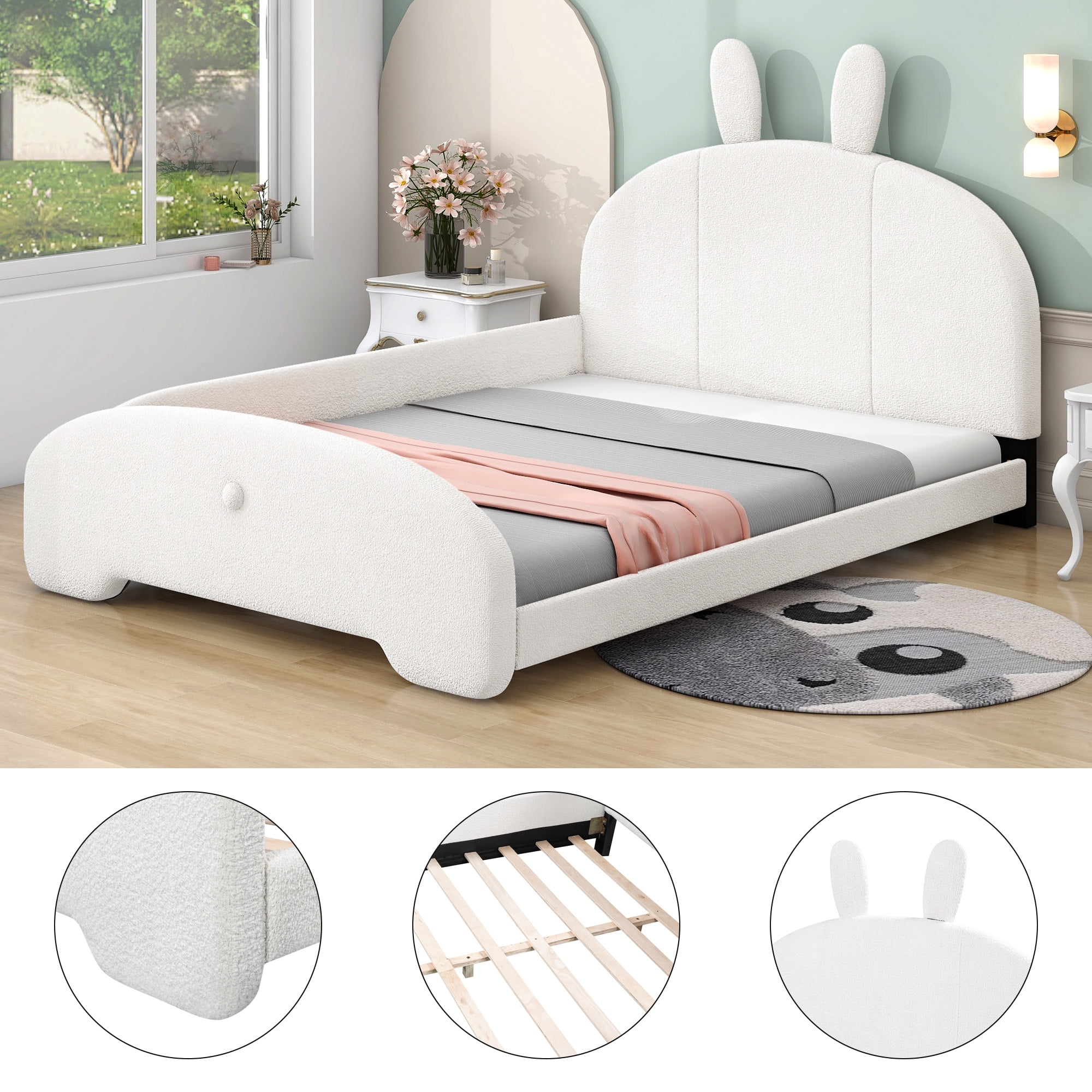 Aukfa Full Size Upholstered Platform Bed with Cartoon Bunny Ears Headboard for Kids Girls, White