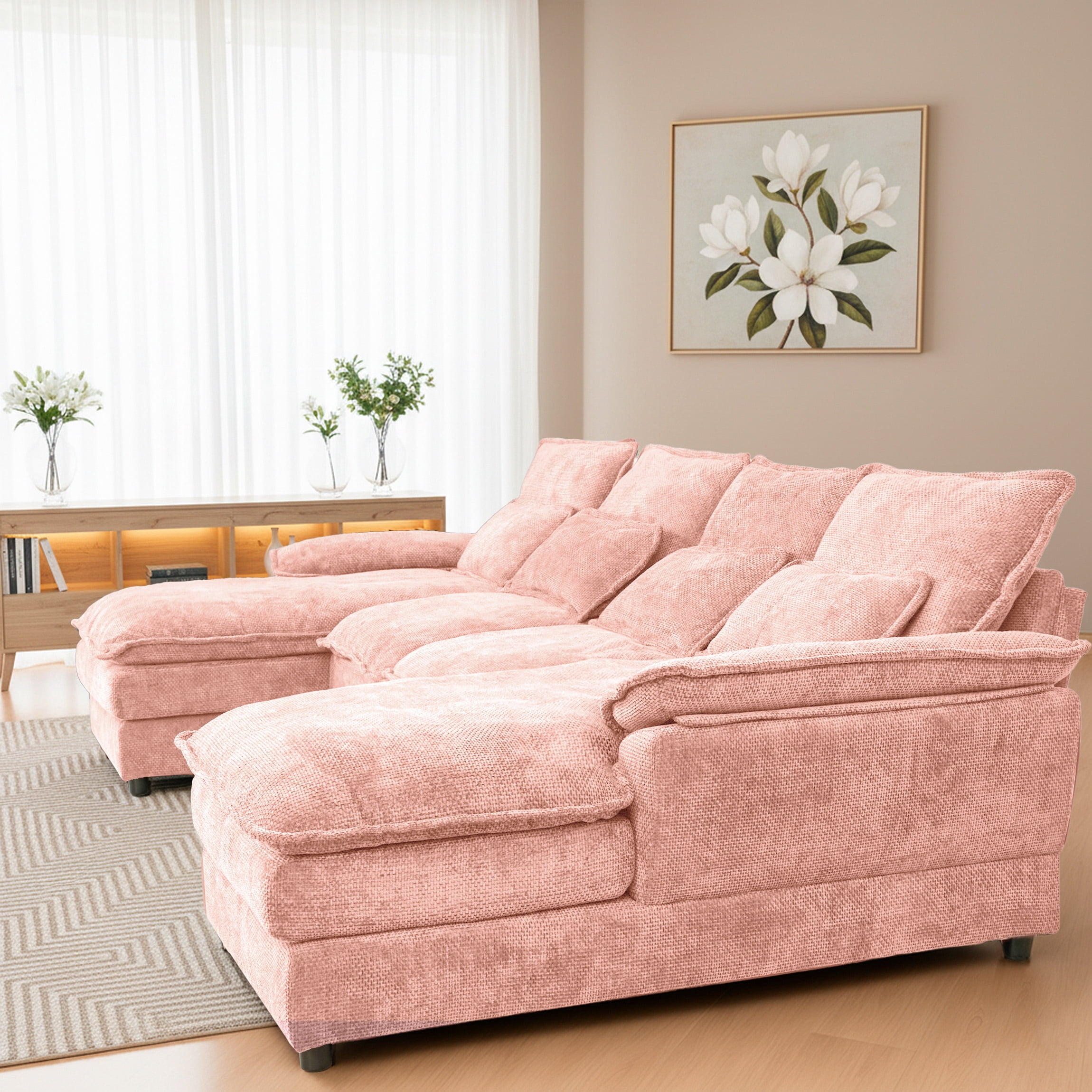 SEENYOO 110.24" U-Shaped Couch, Cloud Modular Sectional Sofa with Chenille Fabric, 4-Seat Comfy Couch for Living Room,Pink