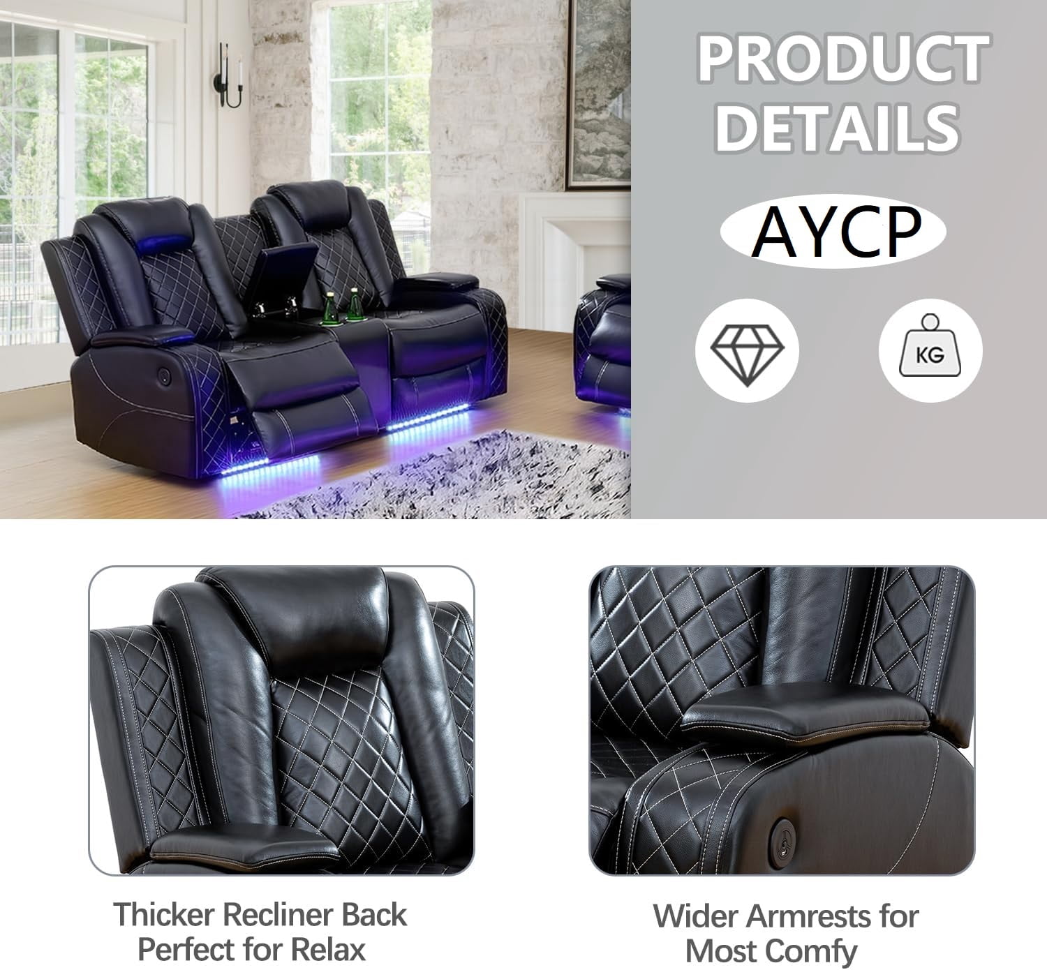 Multifunction Power Air Leather Recliner Sofa Set with LED Lights, Living Room Furniture, Reclining Sofa, loveseat, Chair with USB Port/Storage Console/Cup Holders (Black, Sofa+Loveseat)