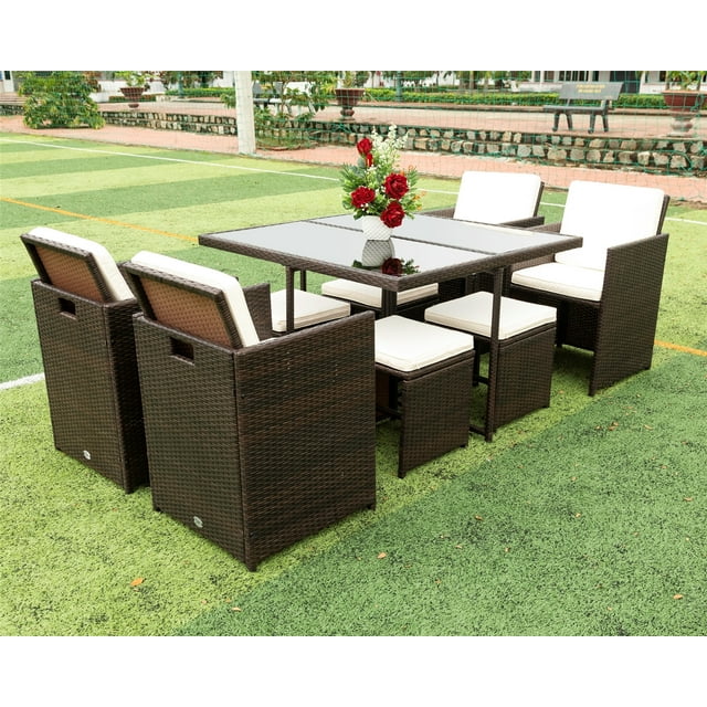 Outdoor Furniture Patio Sets, All-Weather Rattan Conversation Sofa with Glass Coffee Table, Patio Dining Sets, PE Rattan, Outdoor Garden Sectional Sofa Chair, Soft Cushions (9-Piece,Dark Brown)
