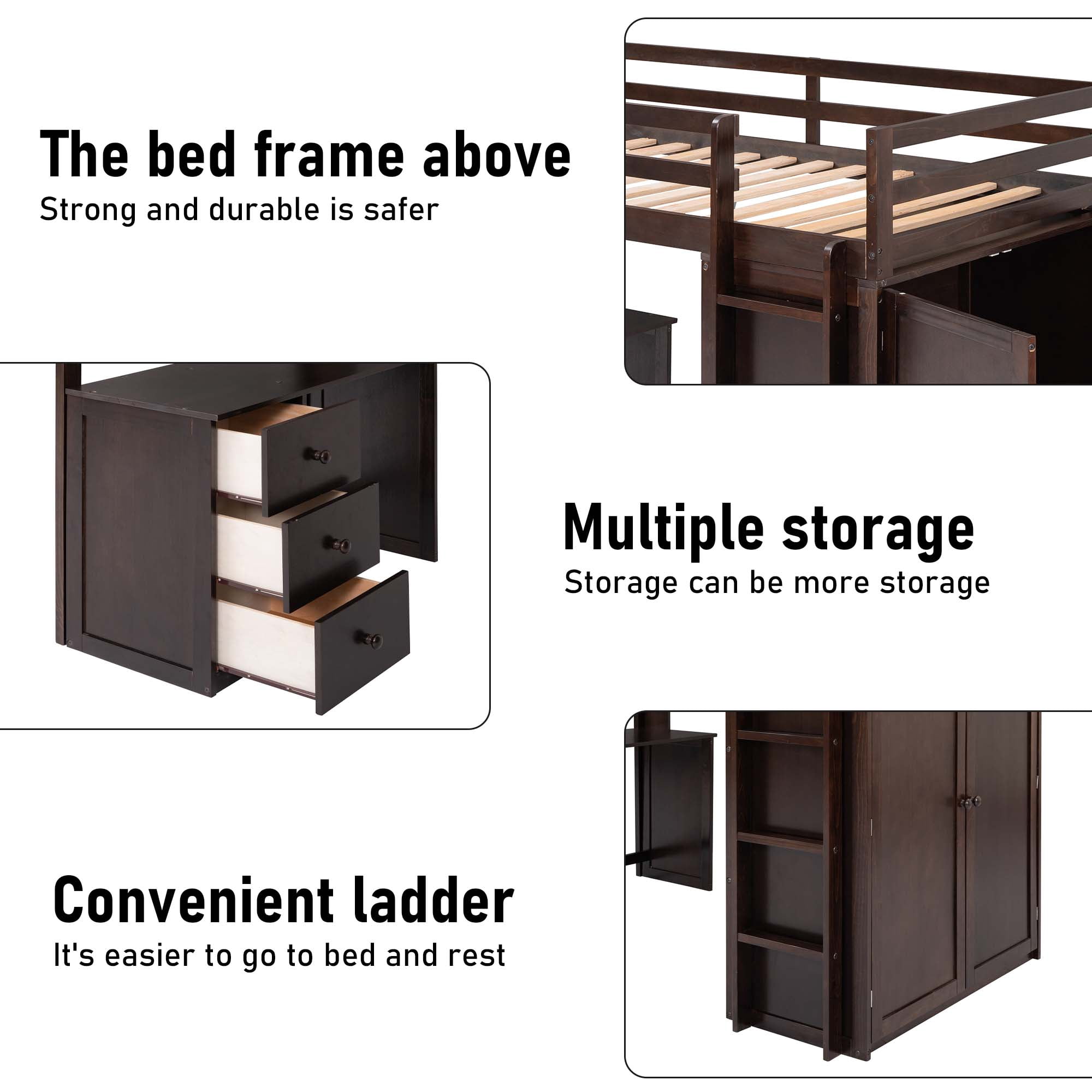 Aukfa Loft Bed with Wardrobe and Drawers Kids Solid Wood Twin Bed with Desk Espresso