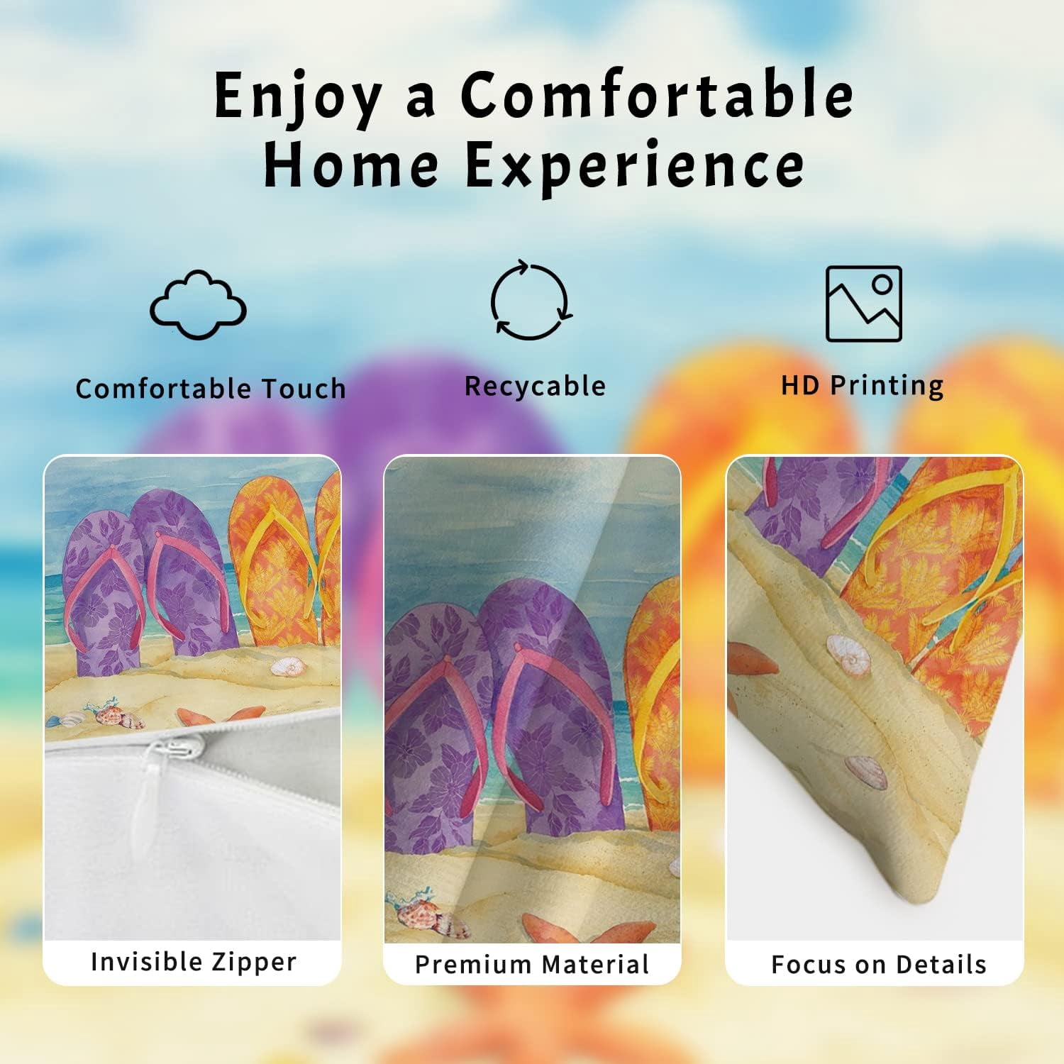 Summer Beach Pillow Covers 20x20 Set of 4, Summer Outdoor Decor Throw Pillow Covers Flip Flops Pillowcase Sea Ocean Cushion Case for Home Living Room Yard