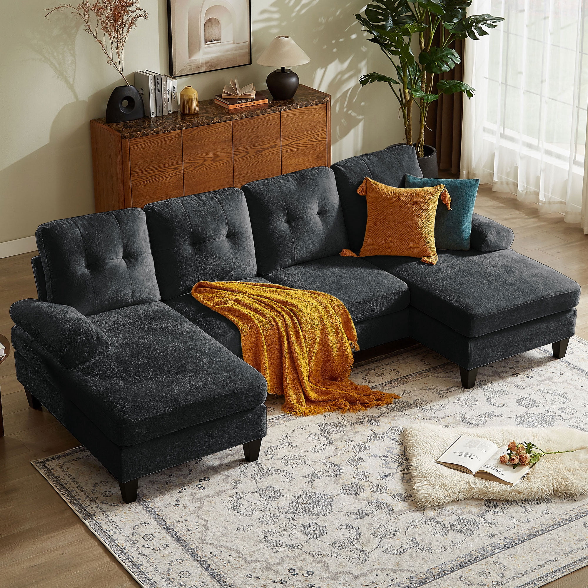 Pingliang Home 105" Sectional Sofa Couch with Oversized Double Chaises,Modern Chenille 4-seater U Shaped Couch,21" Deep Seat Sofa for Living Room Office Studio Apartment