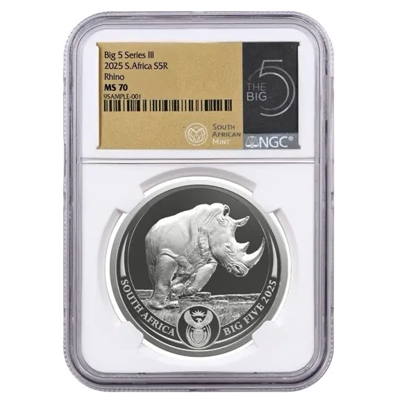 2025 South Africa 1 oz Silver Big 5 III Rhino BU NGC MS70