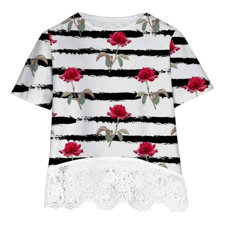 

Virmaxy Toddler Baby Girls Summer Tee Kids Girls Comfortable Cute Floral Printed Tops Pullover Lace Short Sleeve T-shirt Red 11Y