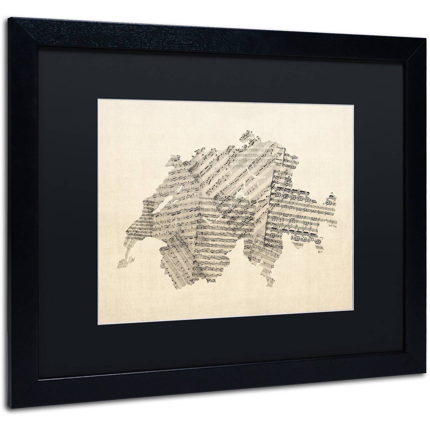 Trademark Fine Art 'Sheet Music Map of Switzerland' Canvas Art by Michael Tompsett, Black Matte, Black Frame