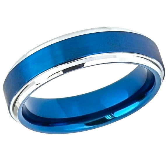 Men Women Tungsten Carbide Wedding Band Ring 6mm Comfort Fit High Polish Beveled Edge Brushed Blue Tone Tungsten Ring