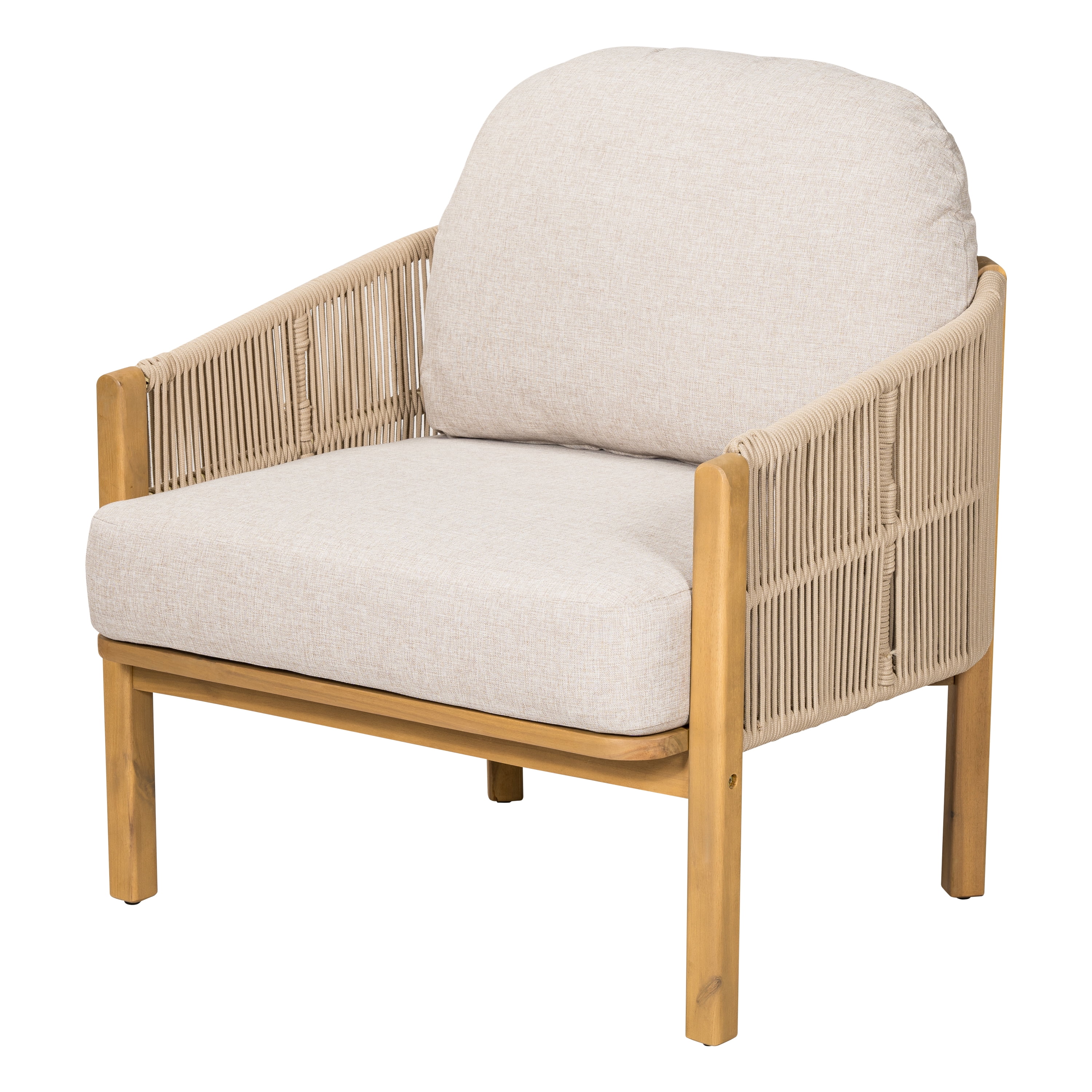 Outdoor Wood Frame Club Chair with Beige Rope and Beige Cushion for Patio Garden Deck, Teak