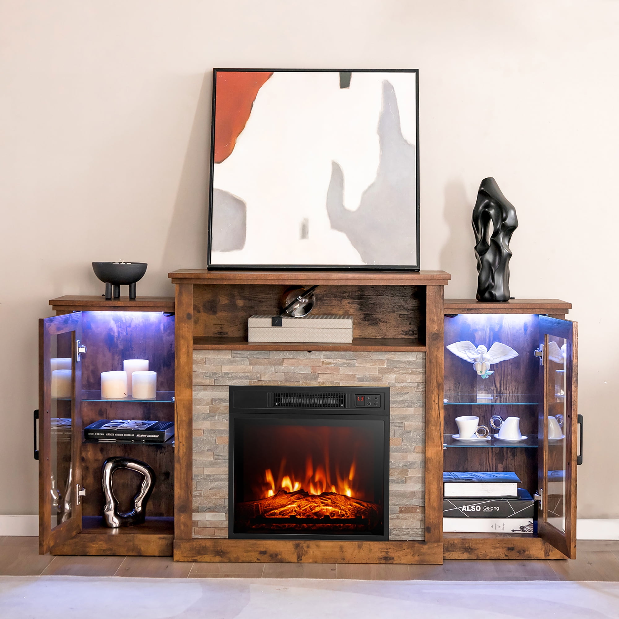 Costway Fireplace TV Stand w/ Led Lights & 18" Electric Fireplace for For 65" Wall-Mounted TV