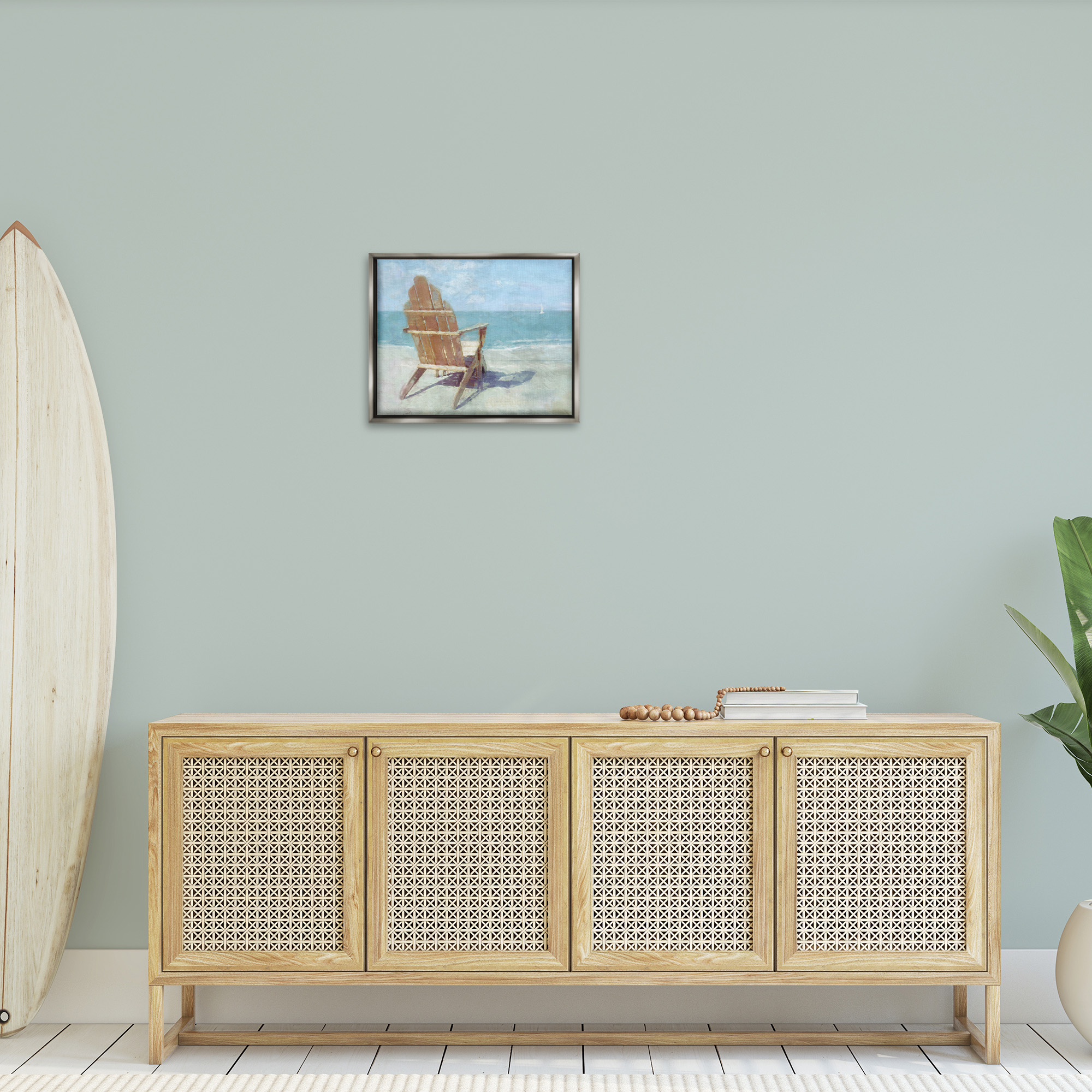 Stupell Industries Chair with Sailboat View Landscape Painting Gray Floater Framed Canvas Art Print Wall Art, 21 x 17